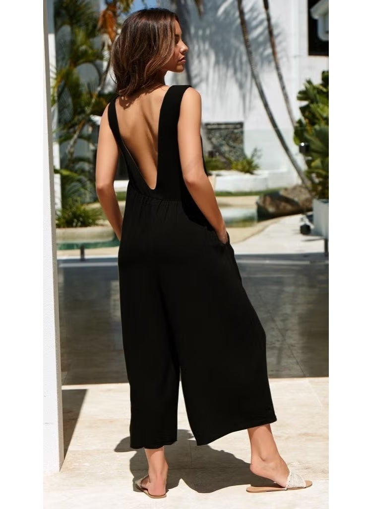 Barbora Linen Summer Casual Backless Casual Women's Jumpsuit LN212SIYAH14 - Image 1